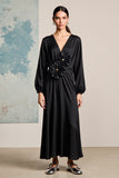Black Satin Long Sleeves Wedding Guest Dress with 3D Flowers