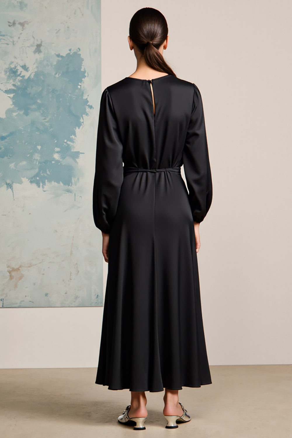 Black Satin Long Sleeves Wedding Guest Dress with 3D Flowers