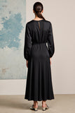 Black Satin Long Sleeves Wedding Guest Dress with 3D Flowers