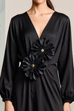 Black Satin Long Sleeves Wedding Guest Dress with 3D Flowers