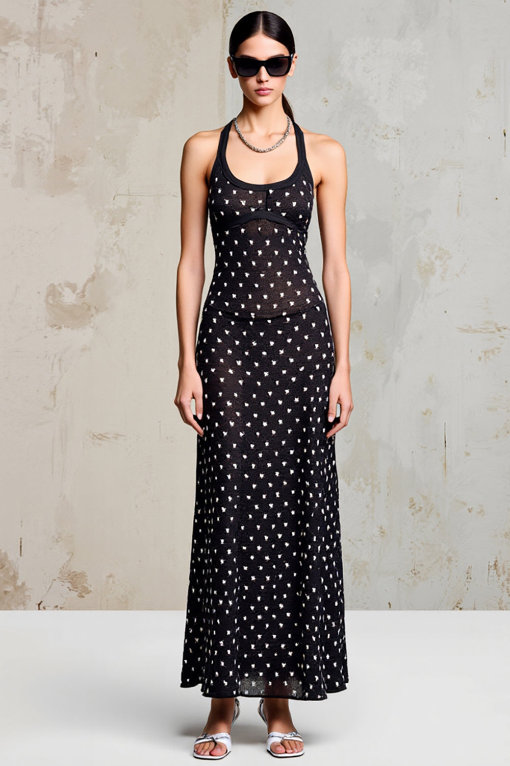 Black Chiffon Polka Dot Wedding Guest Dress