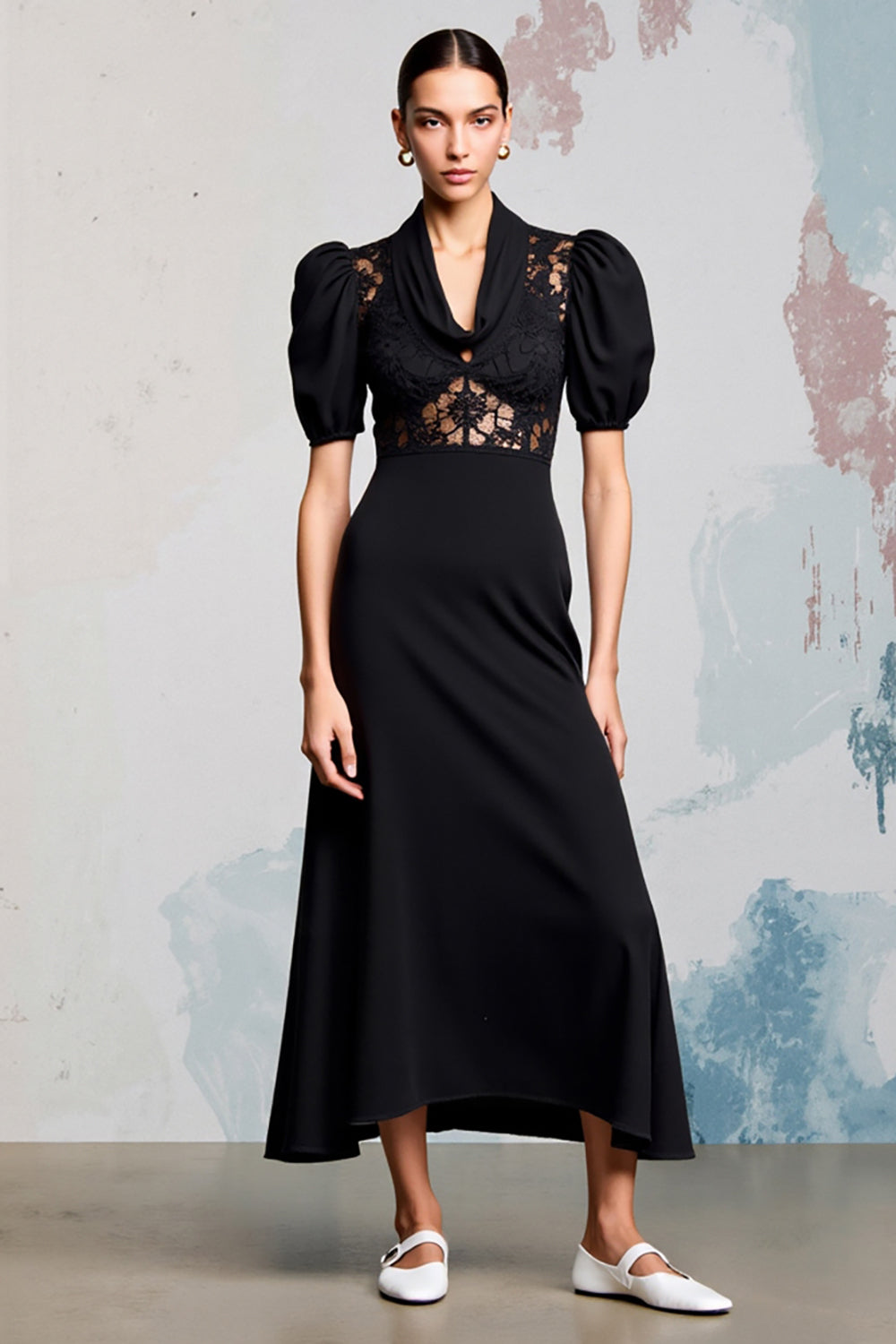 Cowl Neck A Line Black Long Wedding Guest Dress With Lace