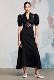 Cowl Neck A Line Black Long Wedding Guest Dress With Lace