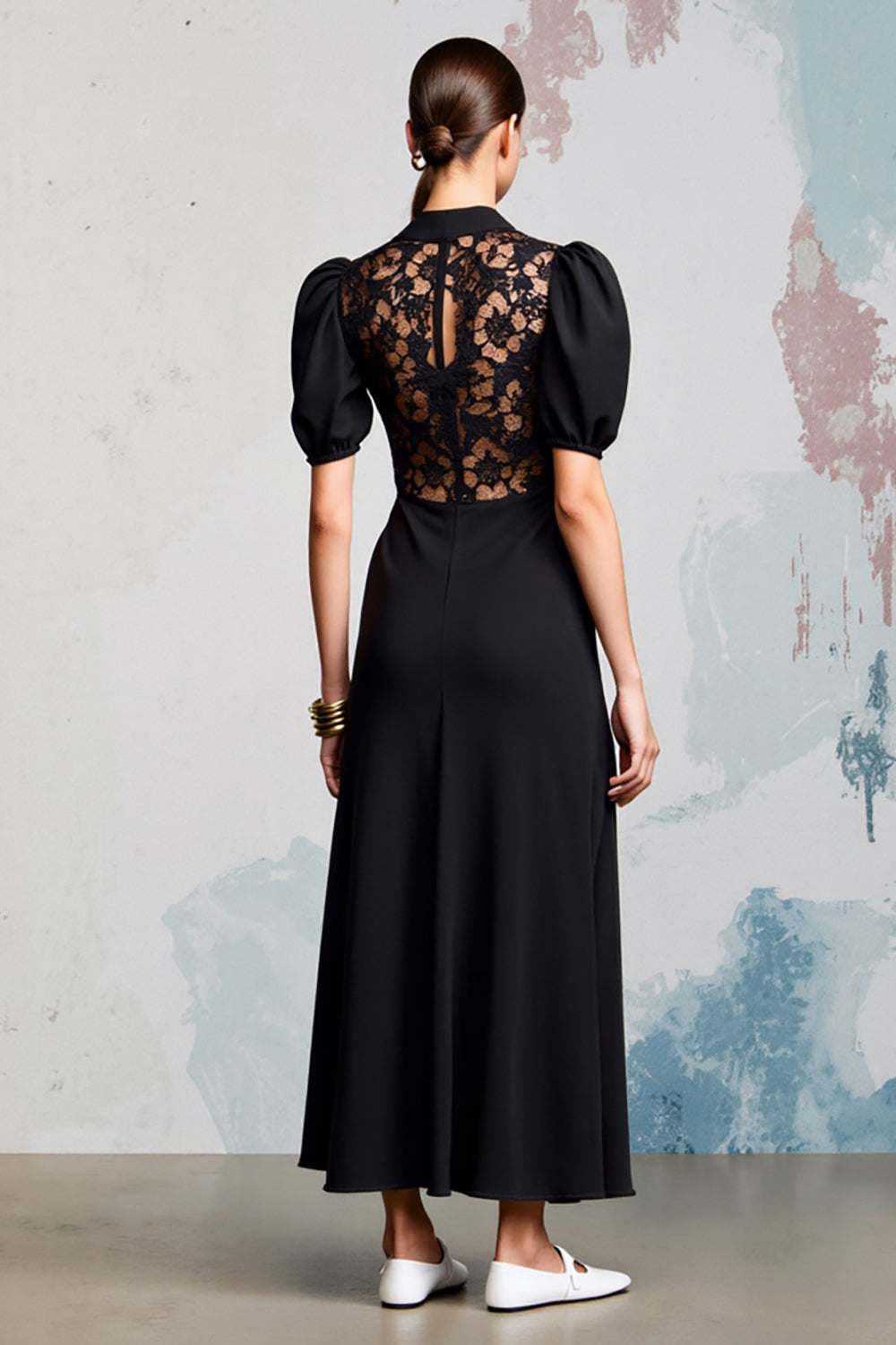 Cowl Neck A Line Black Long Wedding Guest Dress With Lace