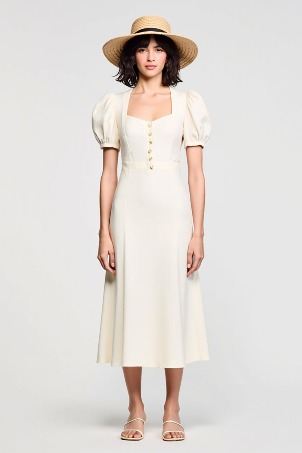 A Line Puff Sleeve Midi Ivory Wedding Guest Dress