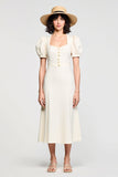 A Line Puff Sleeve Midi Ivory Wedding Guest Dress