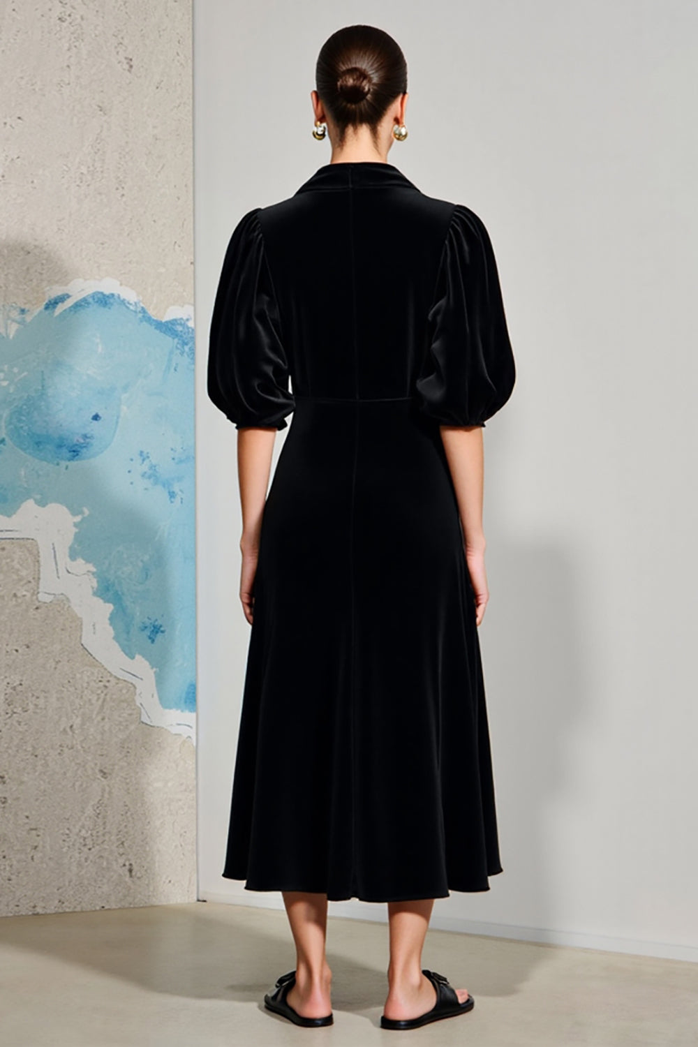 Puff Sleeve Black A Line V Neck Wedding Guest Dress