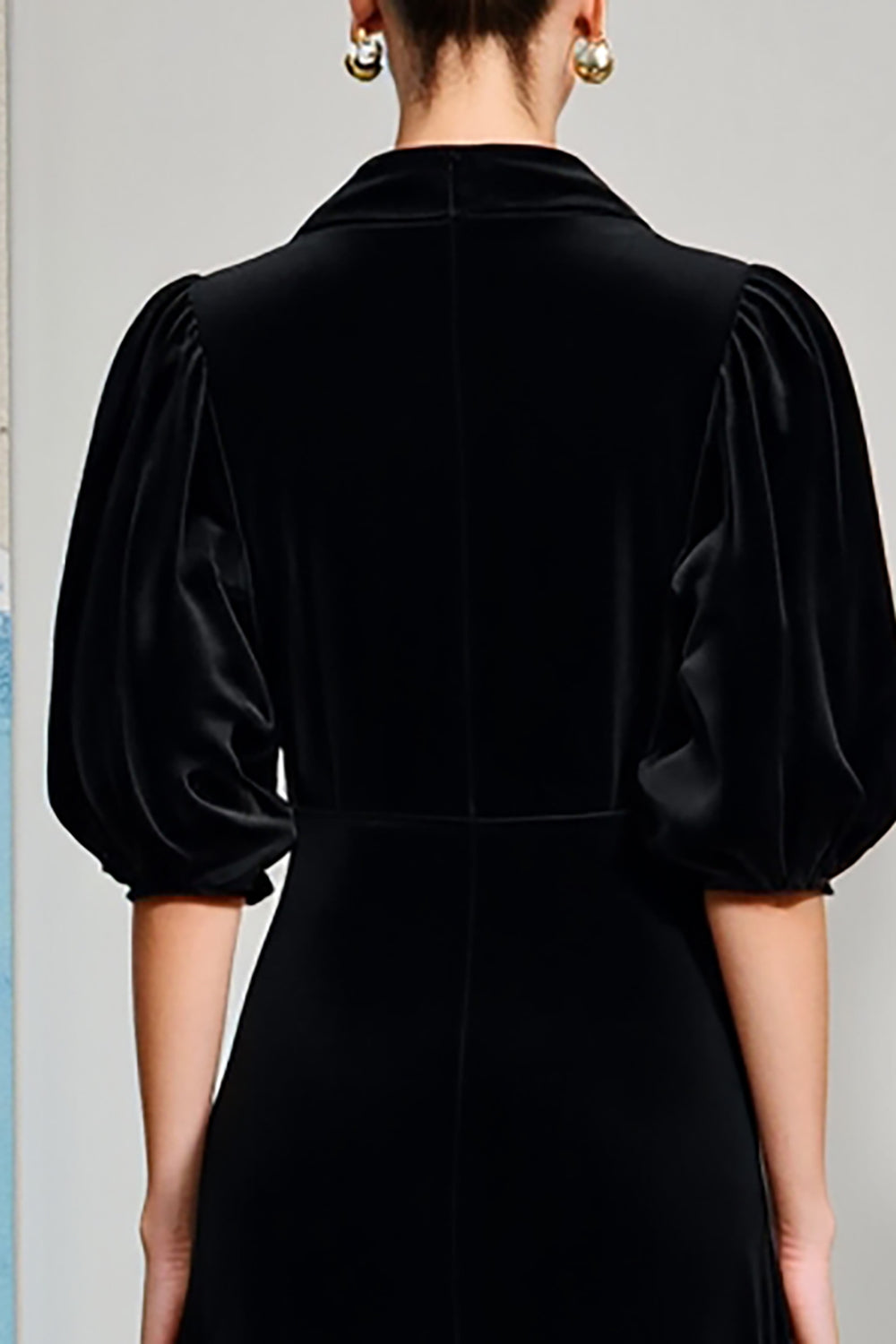 Puff Sleeve Black A Line V Neck Wedding Guest Dress