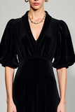 Puff Sleeve Black A Line V Neck Wedding Guest Dress