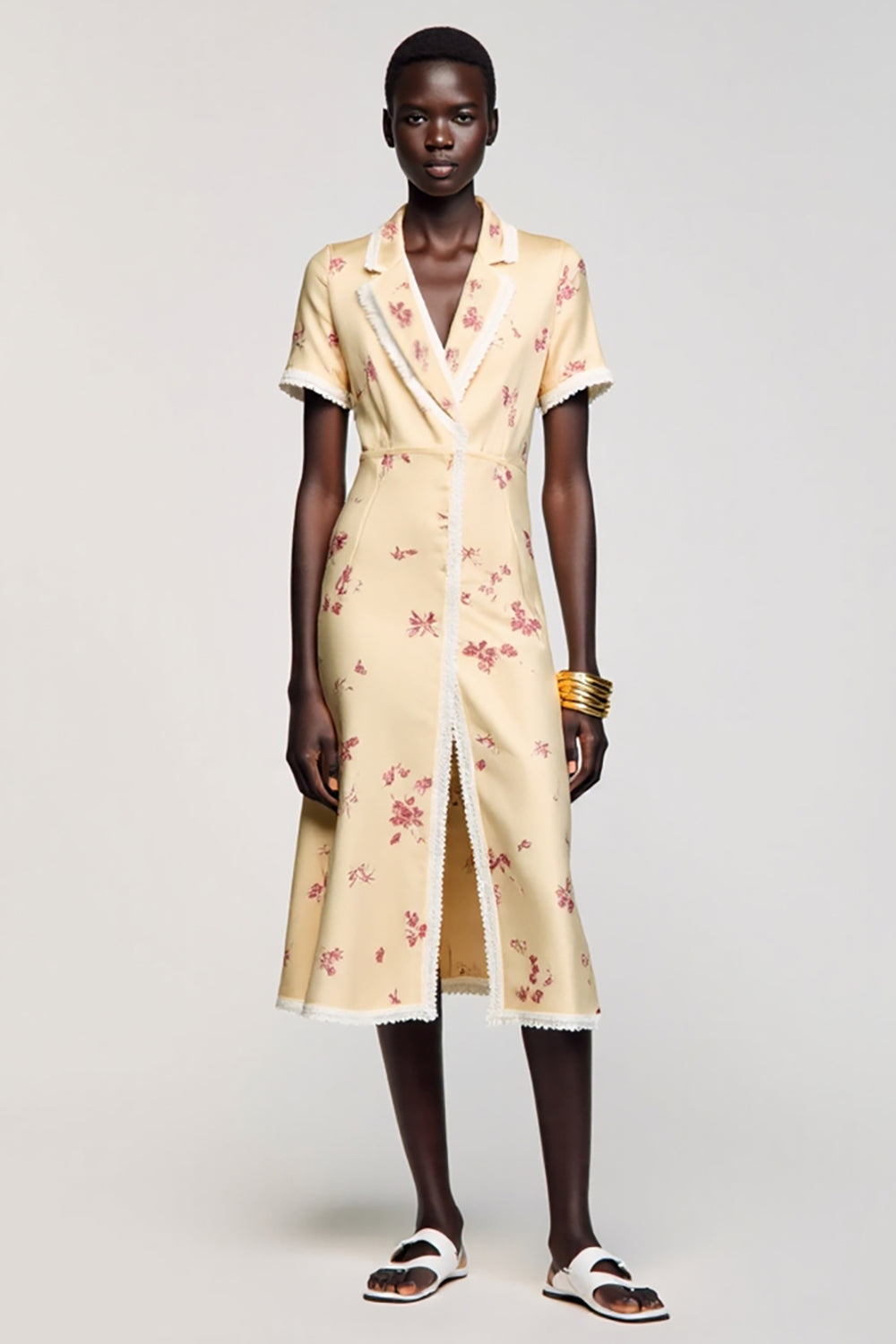 Apricot Printed Notched Lapel Midi Wedding Guest Dress