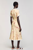 Apricot Printed Notched Lapel Midi Wedding Guest Dress