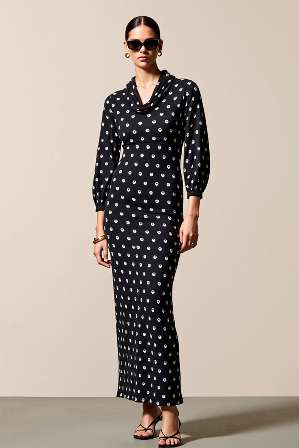 Polka Dot Cowl Neck Sheath Black Wedding Guest Dress