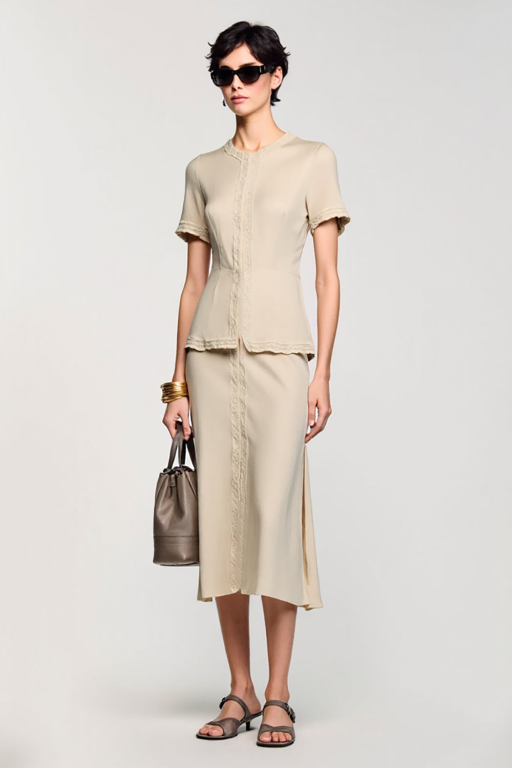 Simple Apricot Sheath Two Piece Wedding Guest Dress