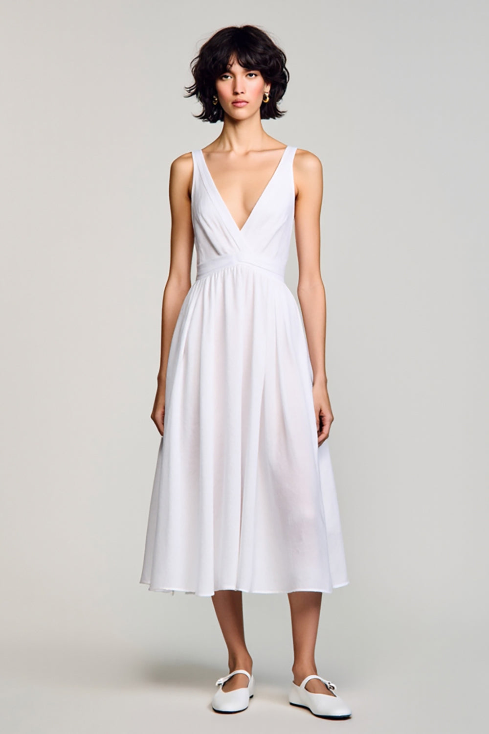 A Line V Neck Midi White Wedding Guest Dress