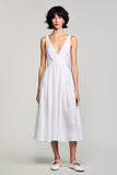 A Line V Neck Midi White Wedding Guest Dress