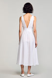A Line V Neck Midi White Wedding Guest Dress