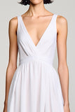 A Line V Neck Midi White Wedding Guest Dress