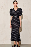Black Polka Dot Puff Sleeve Long Wedding Guest Dress With Belt
