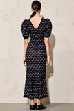 Black Polka Dot Puff Sleeve Long Wedding Guest Dress With Belt