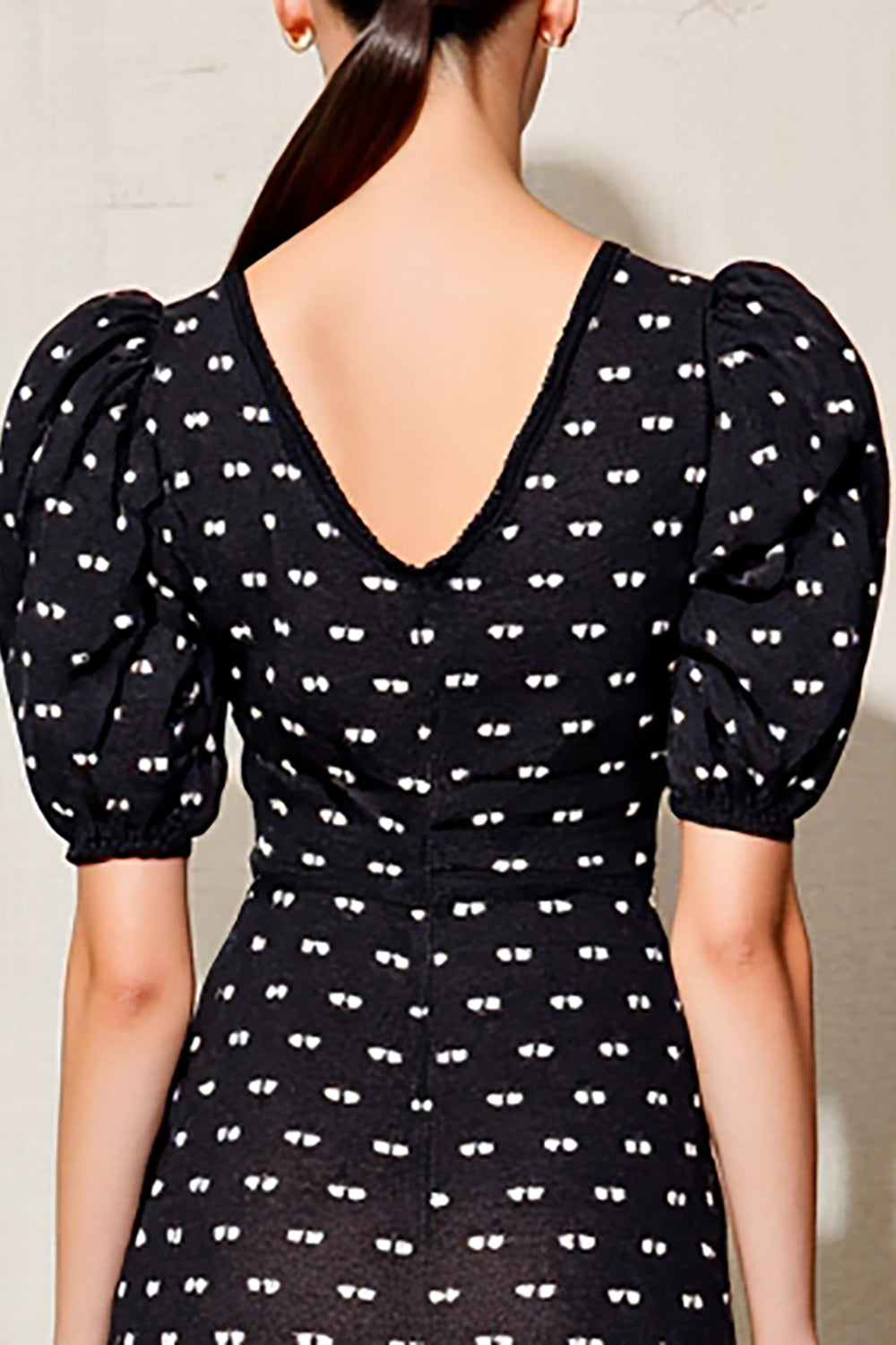 Black Polka Dot Puff Sleeve Long Wedding Guest Dress With Belt