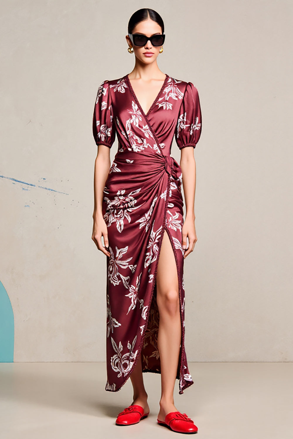 Red Sheath V Neck Printed Wedding Guest Dress With Slit