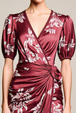 Red Sheath V Neck Printed Wedding Guest Dress With Slit