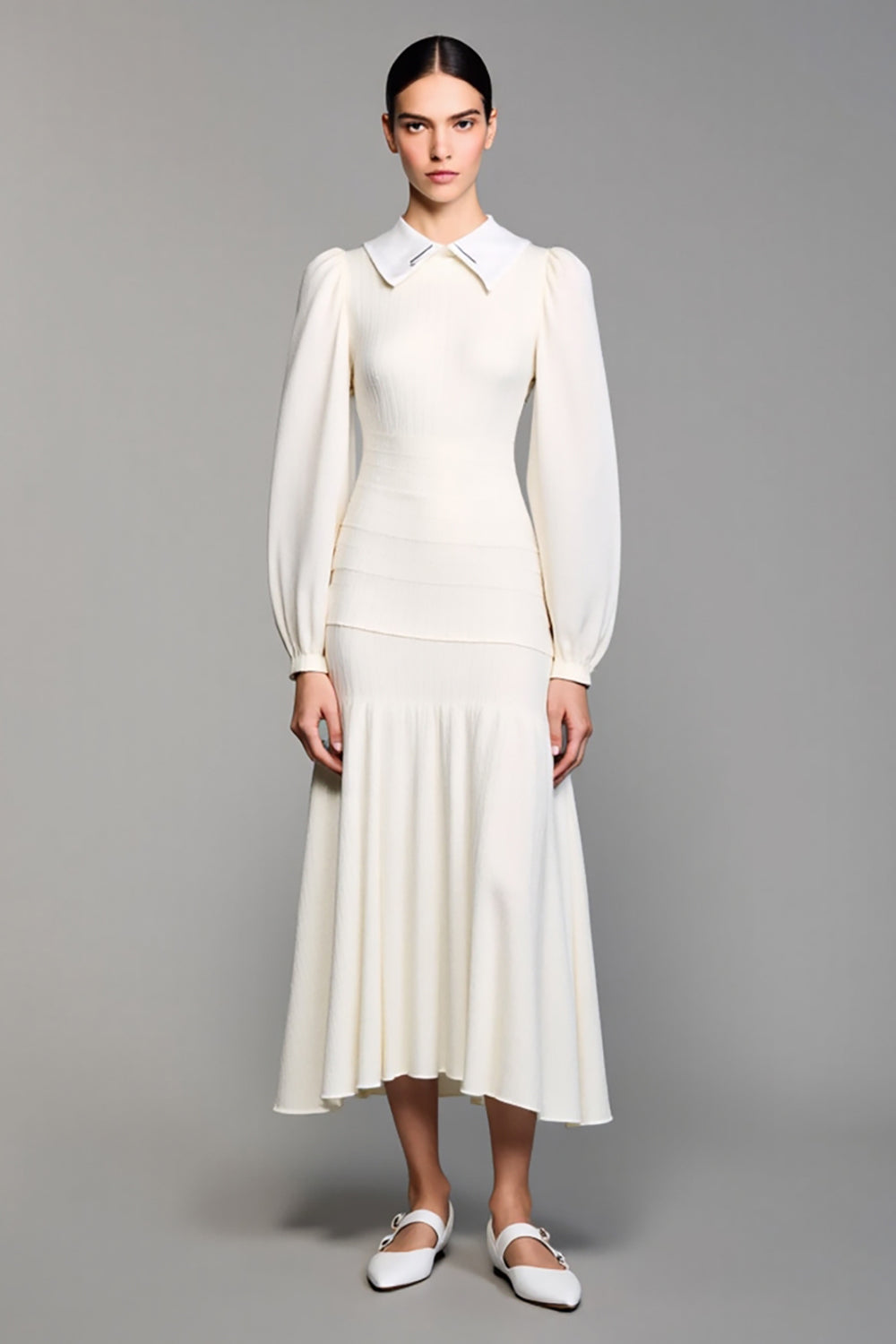 Long Sleeve Lapel A Line Ivory Wedding Guest Dress