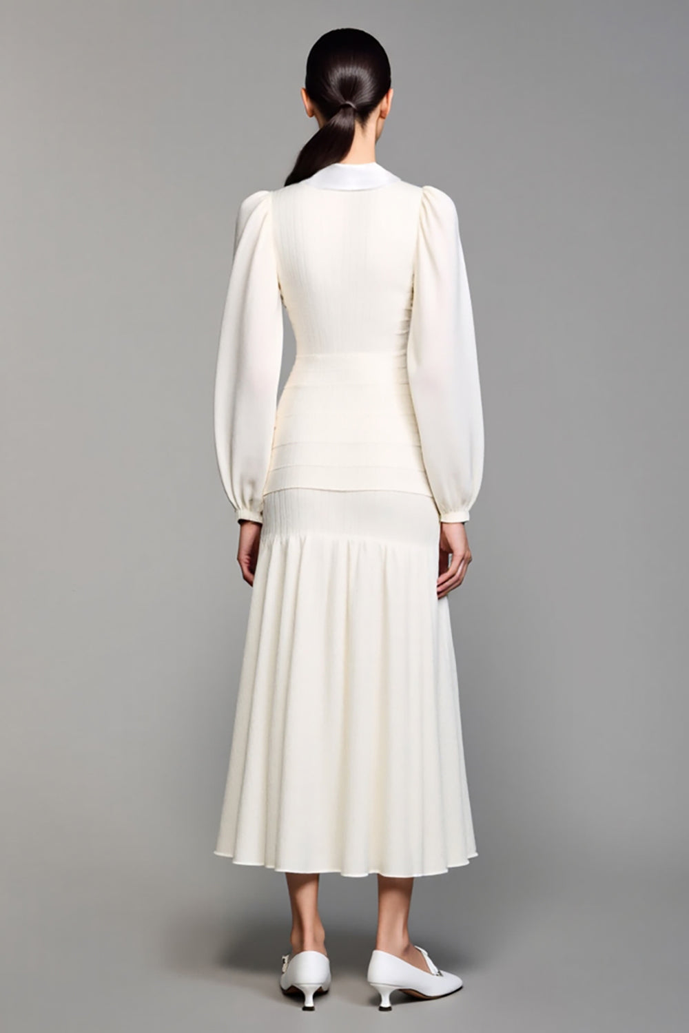 Long Sleeve Lapel A Line Ivory Wedding Guest Dress