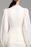 Long Sleeve Lapel A Line Ivory Wedding Guest Dress