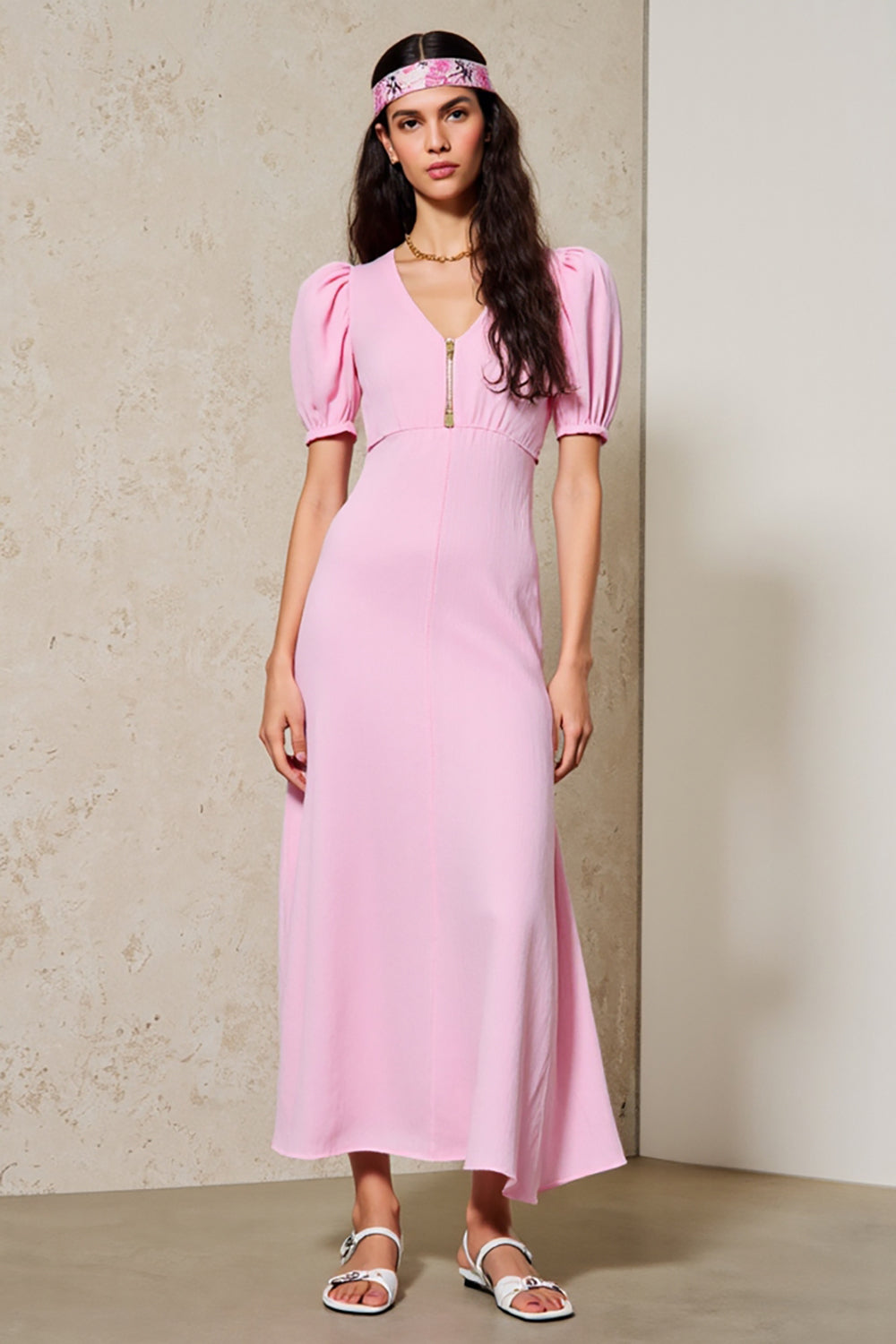 Pink A Line V Neck Long Wedding Guest Dress