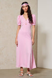 Pink A Line V Neck Long Wedding Guest Dress