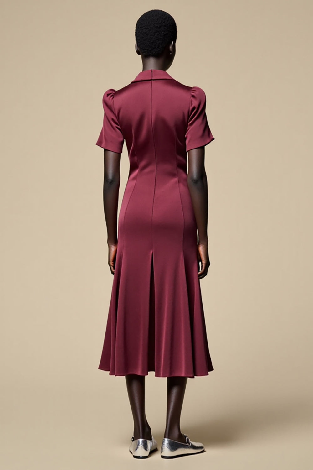 Shawl Lapel Burgundy A Line Midi Wedding Guest Dress