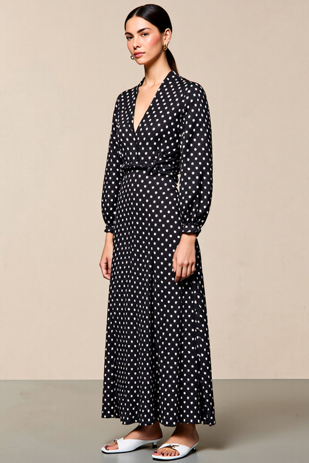 Black Polka Dot Long Sleeve A Line Wedding Guest Dress