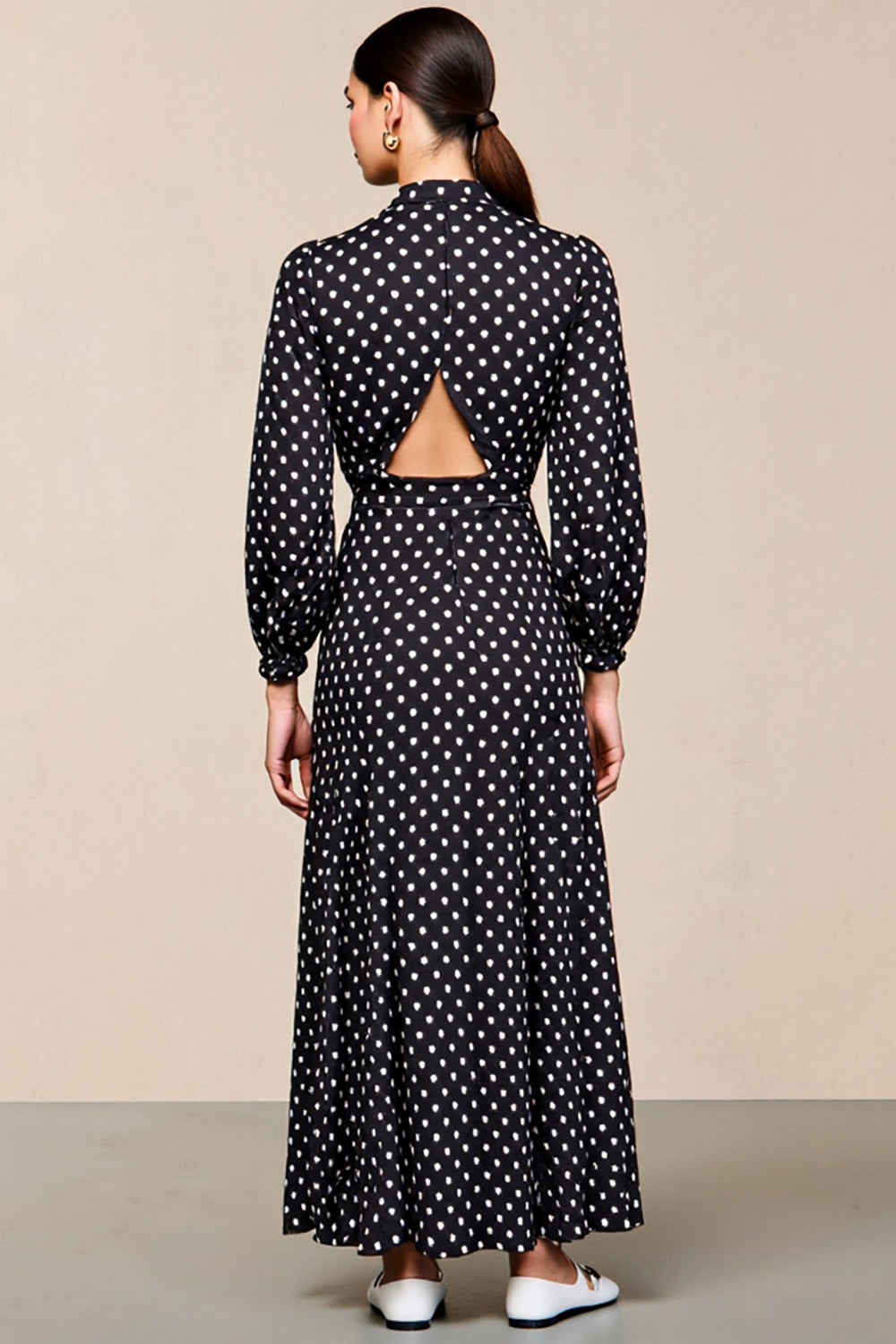 Black Polka Dot Long Sleeve A Line Wedding Guest Dress