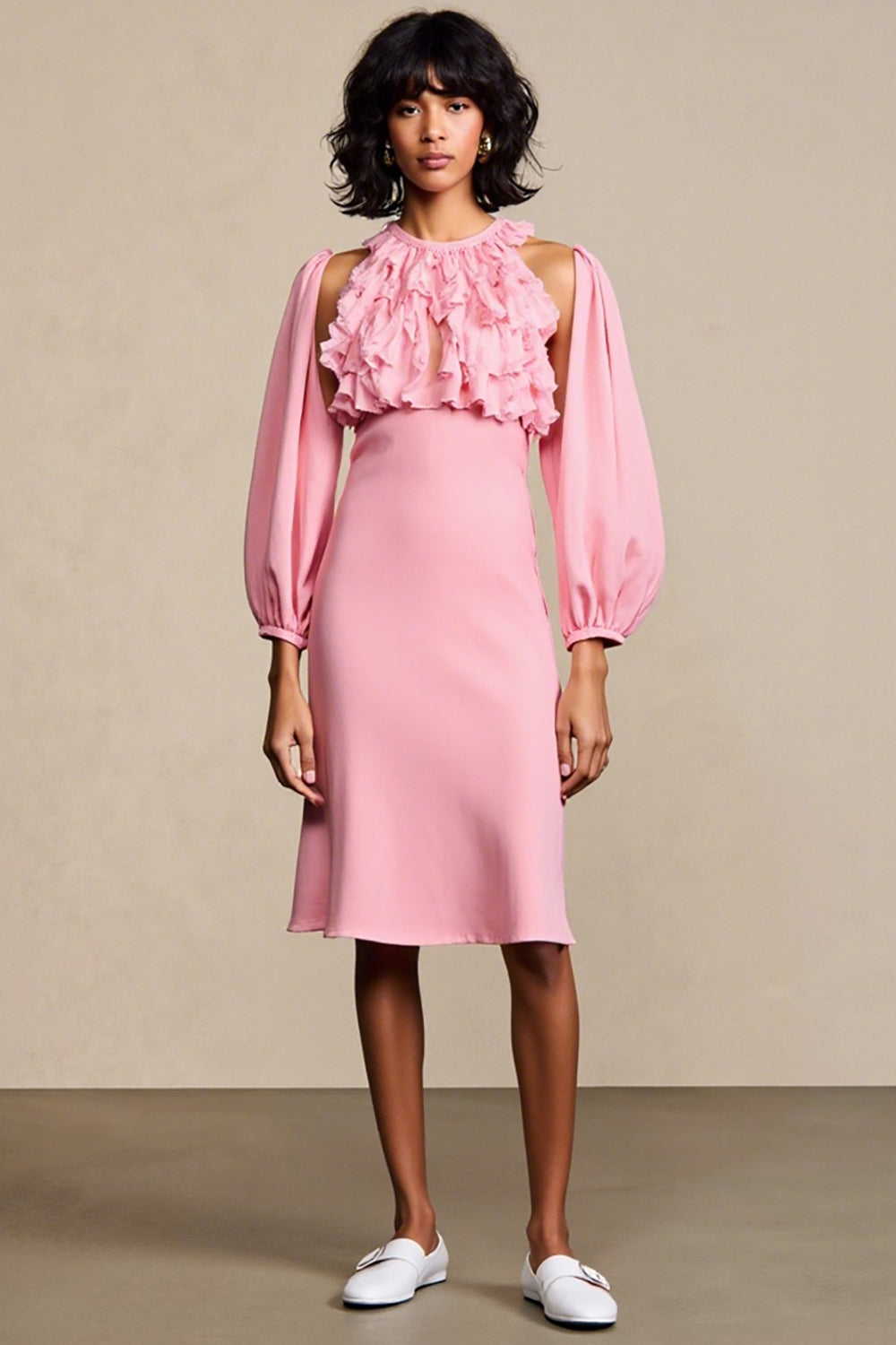 Pink Ruffled A Line Wedding Guest Dress With Removable Sleeves