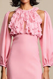 Pink Ruffled A Line Wedding Guest Dress With Removable Sleeves
