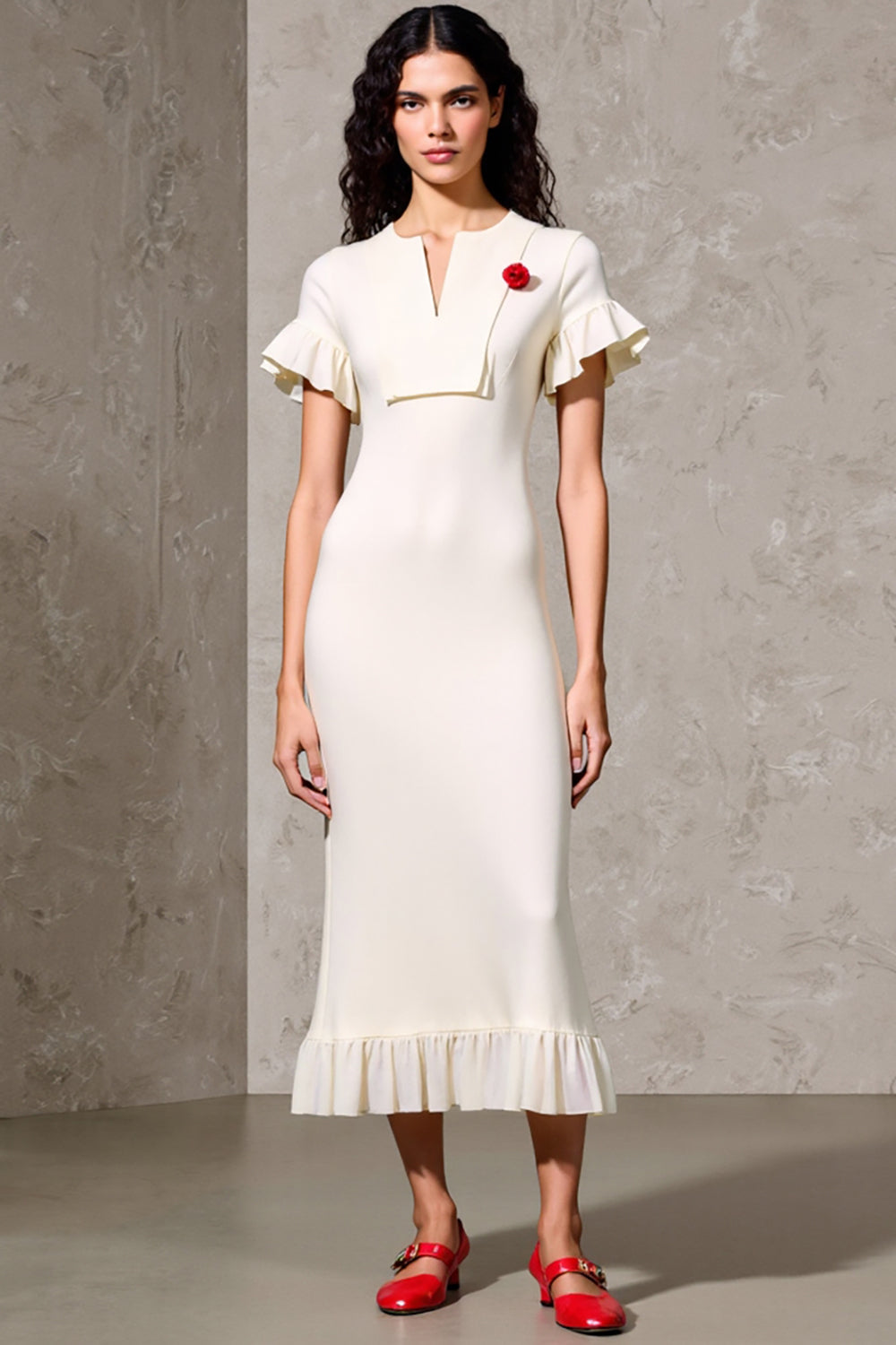 Sheath Ruffled Ivory Midi Wedding Guest Dress