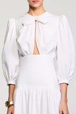A Line White Midi Wedding Guest Dress With Bow