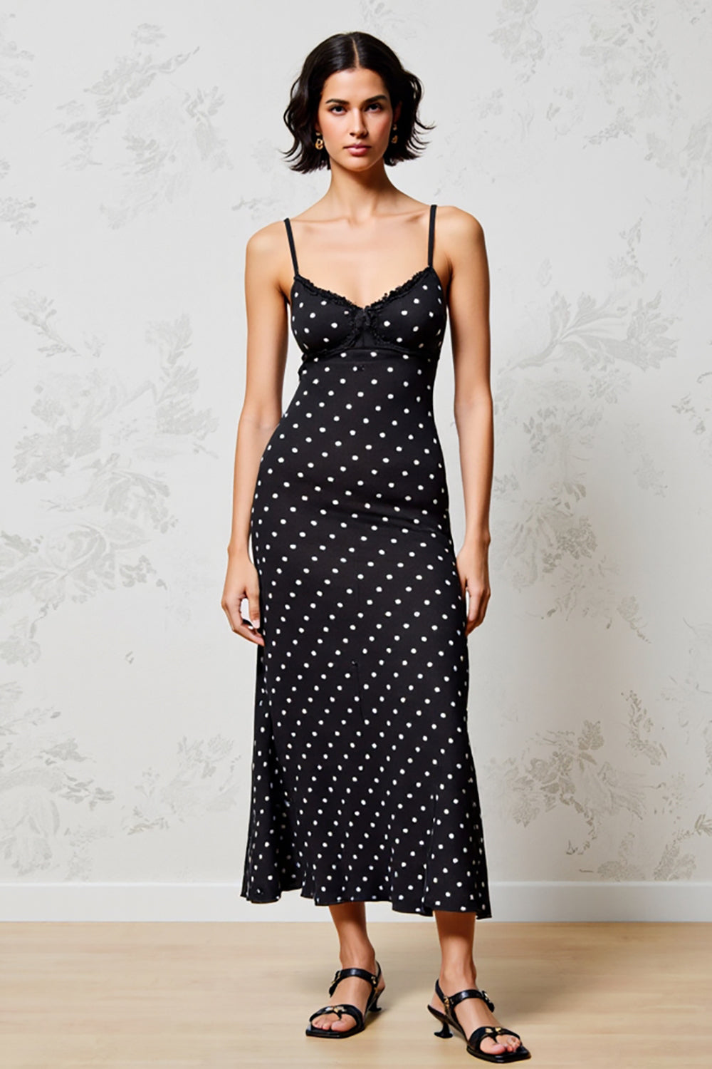 Black A Line Polka Dot Spaghetti Straps Wedding Guest Dress