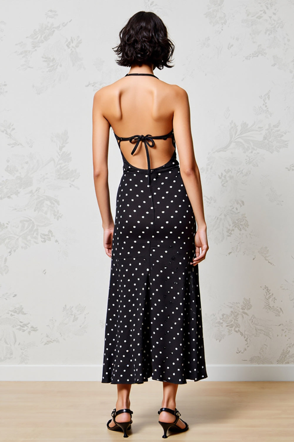 Black A Line Polka Dot Spaghetti Straps Wedding Guest Dress