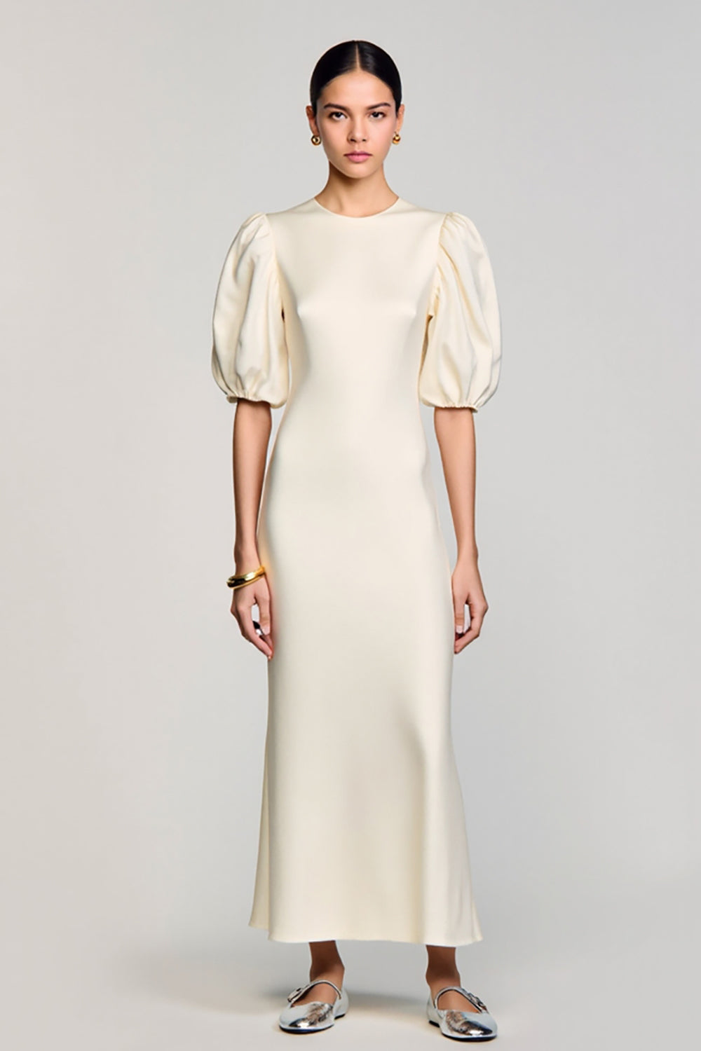 Puff Sleeve Keyhole Long Ivory Wedding Guest Dress
