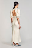 Puff Sleeve Keyhole Long Ivory Wedding Guest Dress