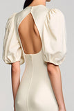 Puff Sleeve Keyhole Long Ivory Wedding Guest Dress