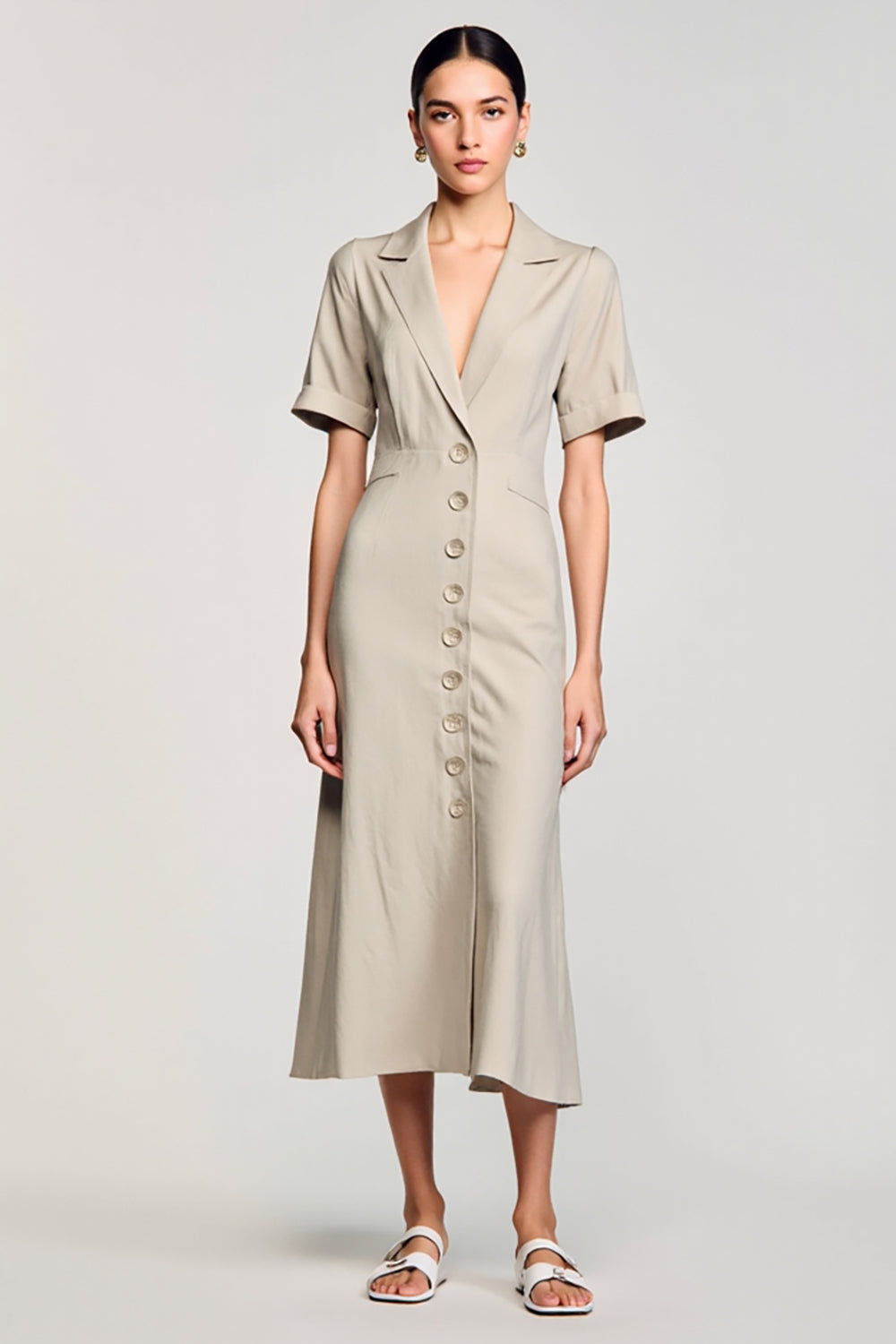 Grey Notched Lapel Keyhole Single Breasted Wedding Guest Dress