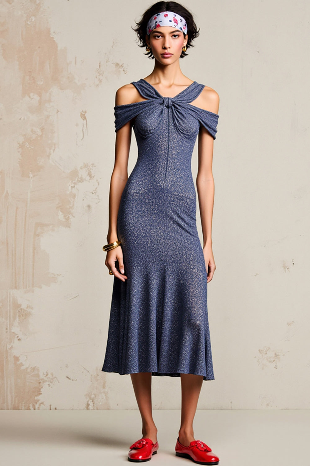 A Line Ruched Grey Blue Midi Wedding Guest Dress