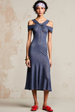 A Line Ruched Grey Blue Midi Wedding Guest Dress