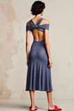 A Line Ruched Grey Blue Midi Wedding Guest Dress