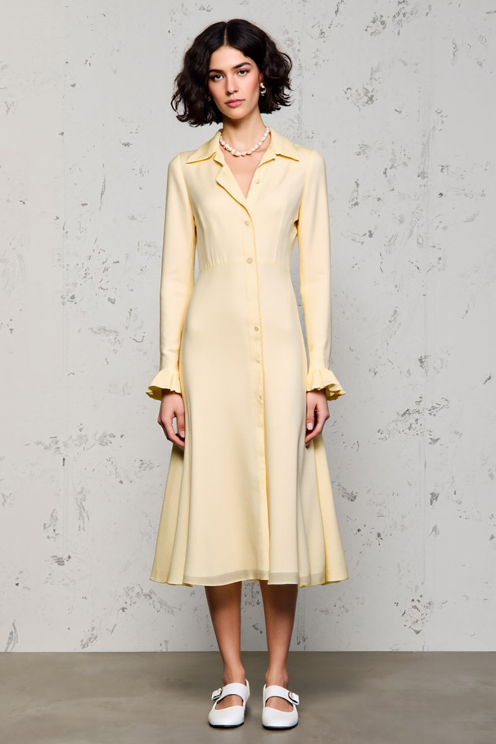 Lapel Long Sleeve Apricot Wedding Guest Dress