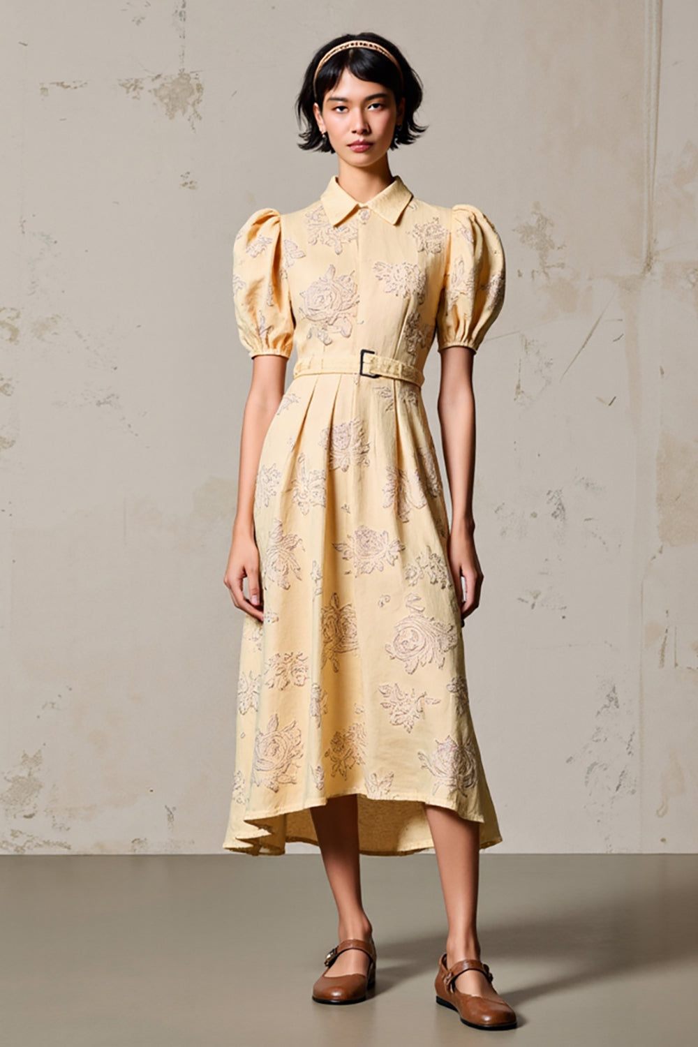 Lapel Apricot Printed Puff Sleeve Wedding Guest Dress With Belt