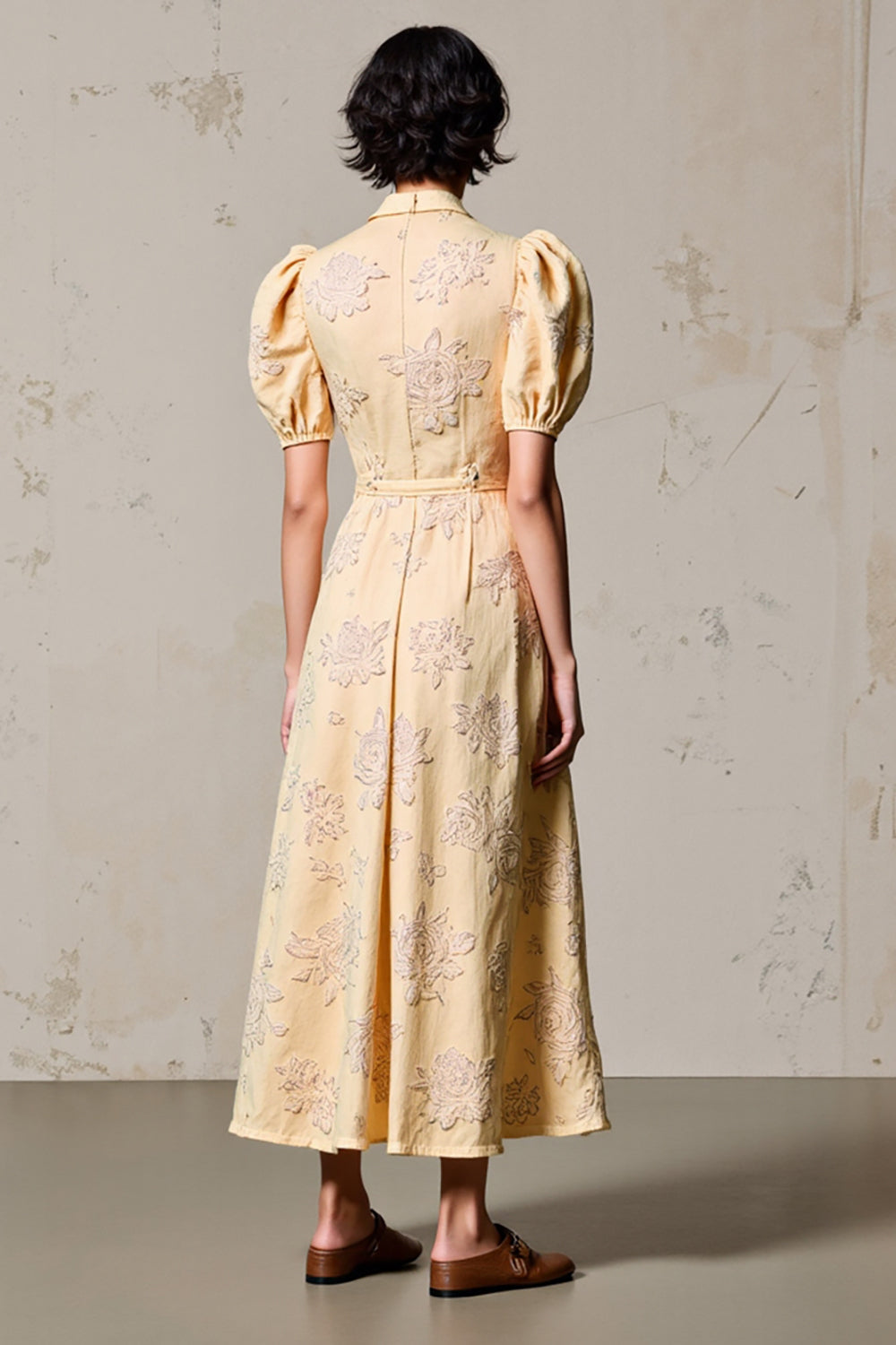 Lapel Apricot Printed Puff Sleeve Wedding Guest Dress With Belt